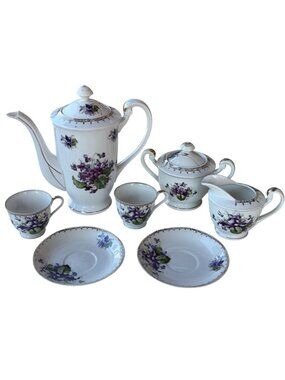 Set of 7 Violet Purple Floral White Porcelain Tea Set w/Gold Edging (READ!)